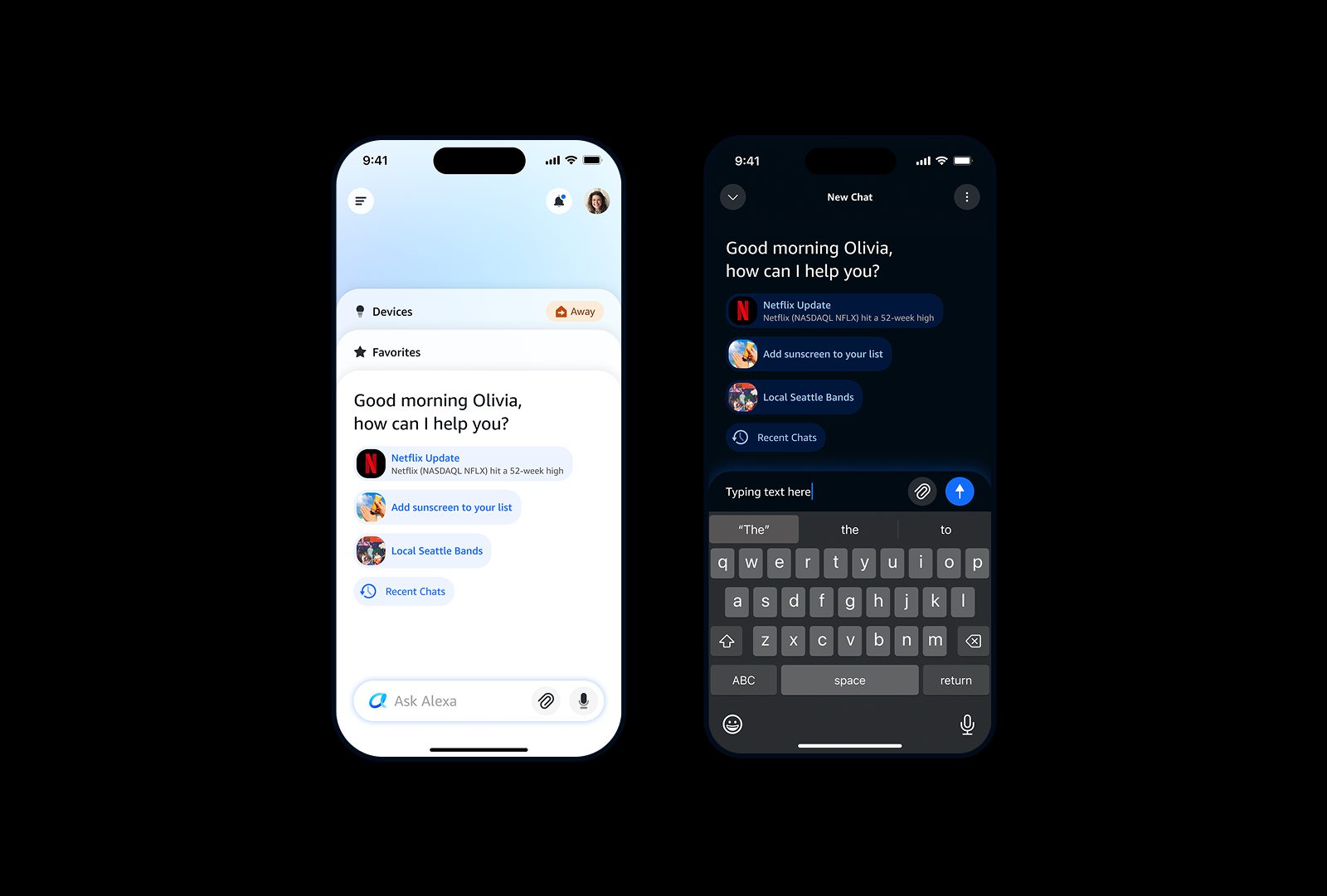 Two iPhone screens side by side, light and dark: the Alexa home with a “Good morning Olivia” card of suggested chips above an Ask Alexa bar, and the same greeting in a New Chat view with the keyboard up
