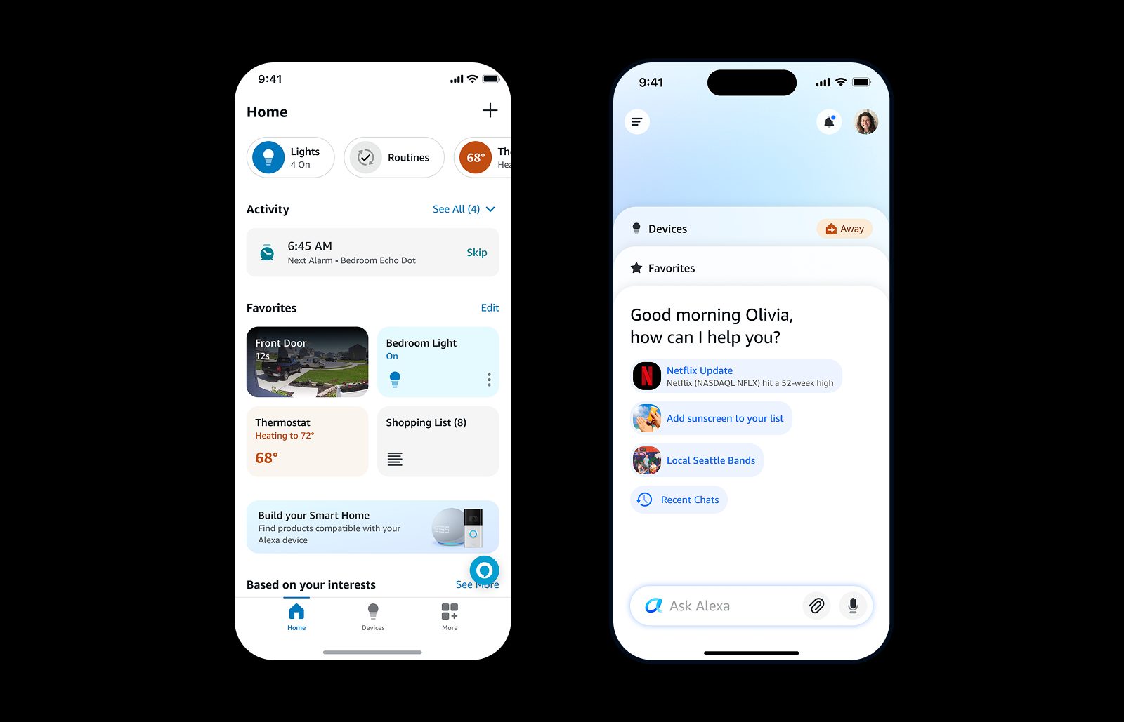 Before and after, side by side: the old Alexa Home with Lights, Routines and Thermostat shortcuts above an Activity row and a Favorites tile grid, next to the new home where a “Good morning Olivia” greeting and four suggested chips replace the grid above an Ask Alexa bar
