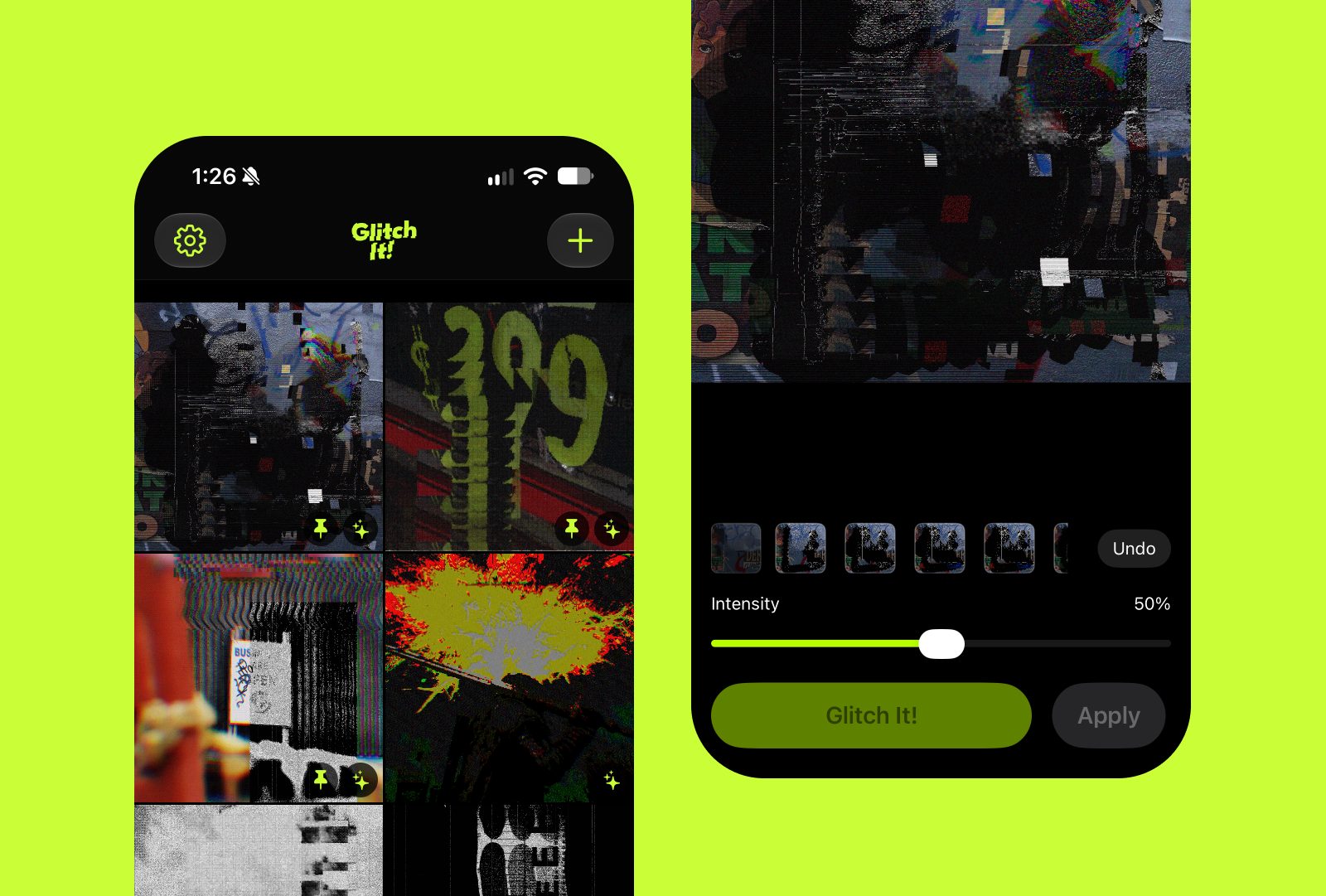 Two iPhone screens on acid green: the Glitch It! library as a grid of glitched street photos, and the editor with a row of effect thumbnails, an Intensity slider at 50% and a green Glitch It! button beside Apply