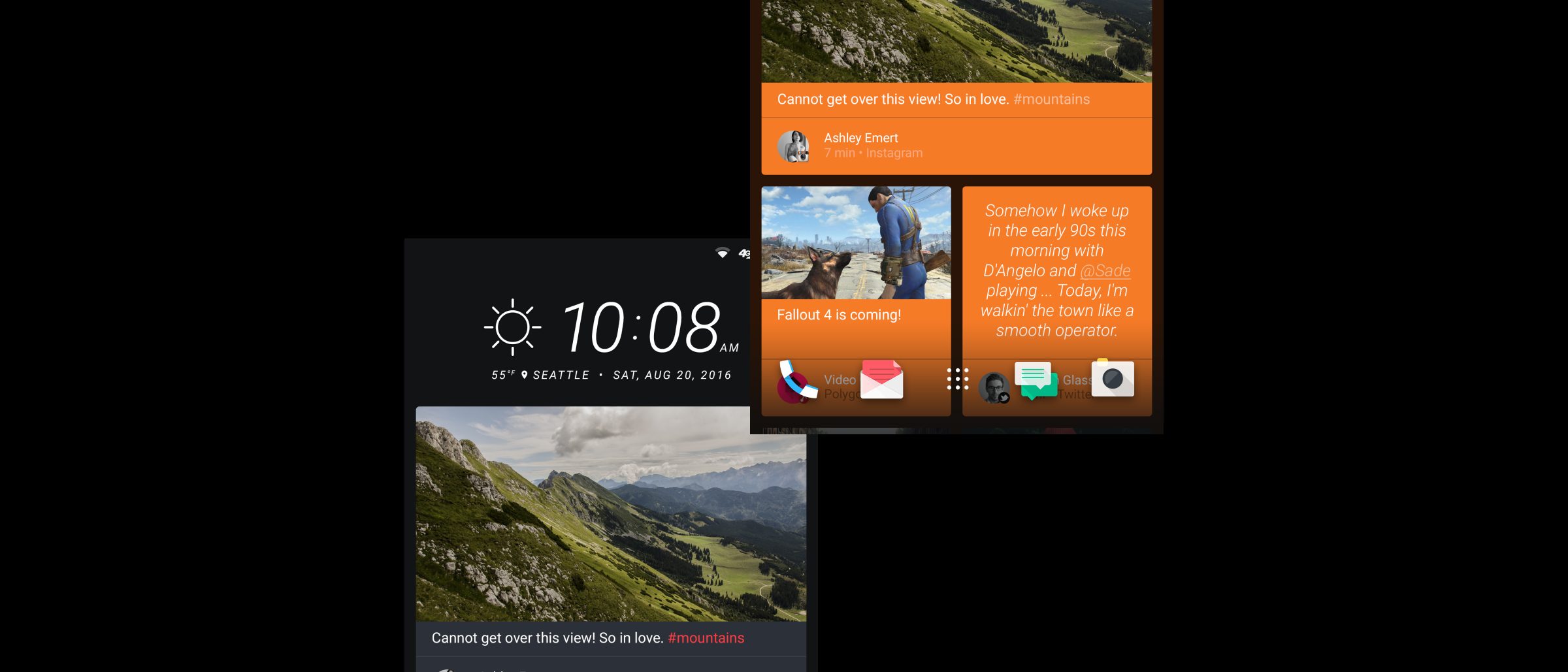 Two HTC phones showing the Sense BlinkFeed Highlights stream: a mixed feed of article, social and image cards in a dark editorial layout
