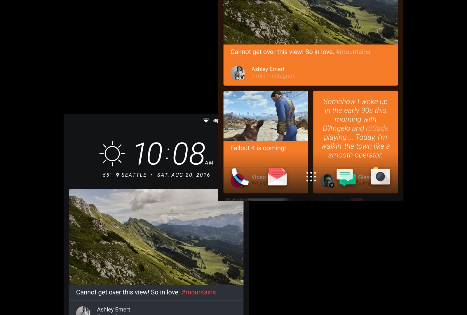 Two overlapping HTC Sense screens: a dark home panel with a large 10:08 AM weather clock above a photo feed card, and an orange BlinkFeed card grid of a mountain photo, a Fallout 4 post and a quoted status over a row of app icons