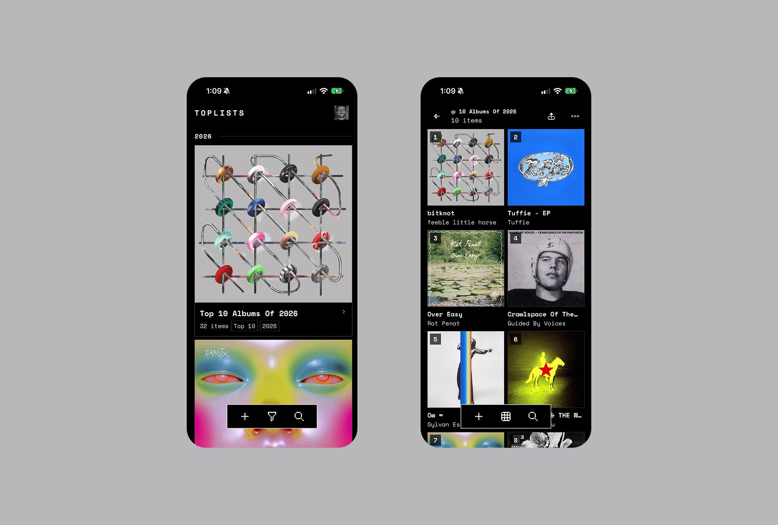 Two phones showing TopLists: a year's list feed, and a ranked grid of numbered album covers.